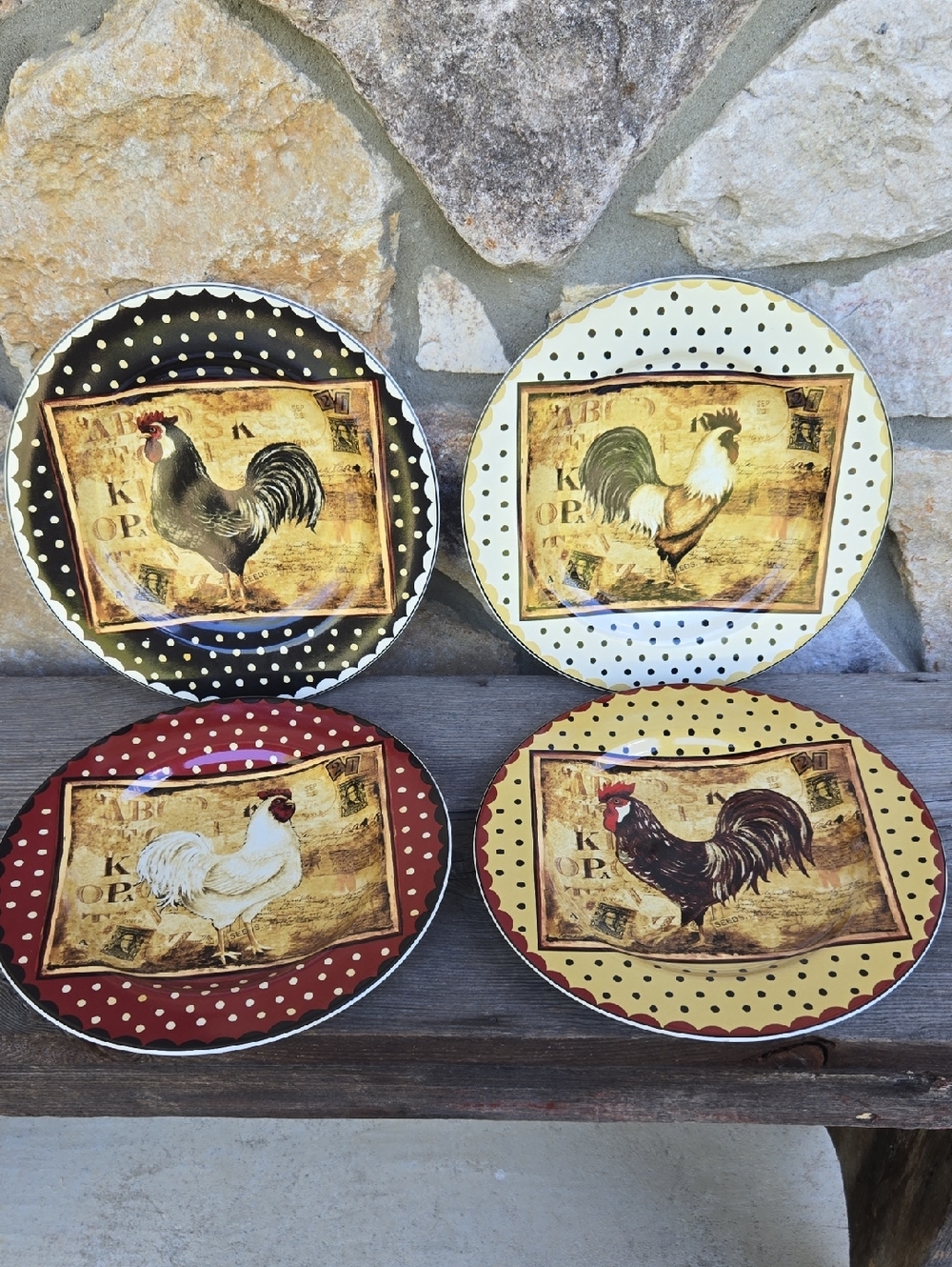 Sakura Retro Rooster Stoneware Plate Set‎ Farmhouse Country Cottage
